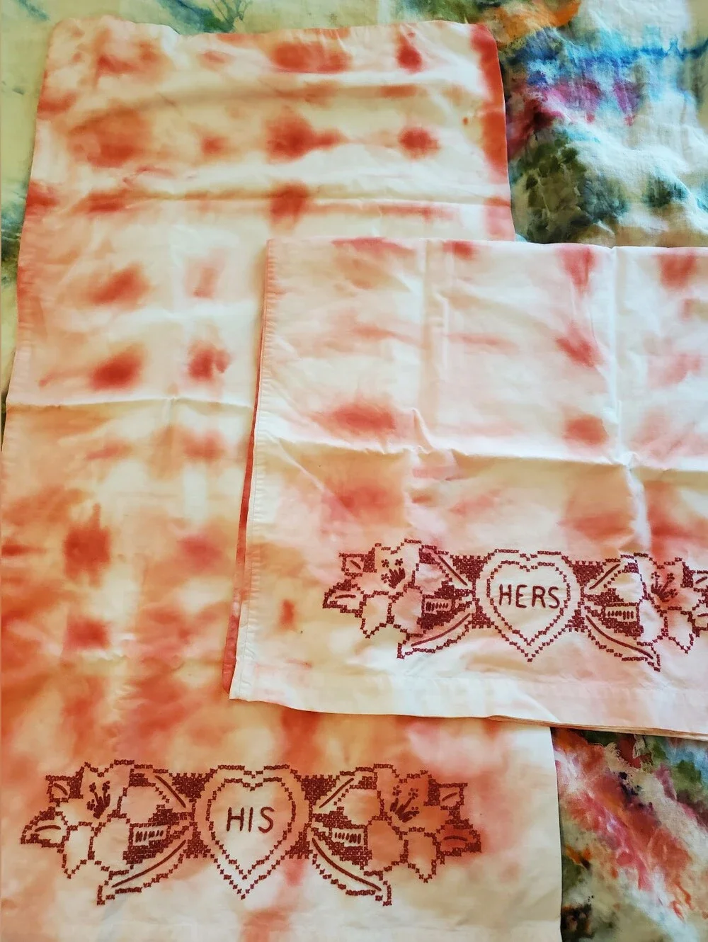 Vintage His and Hers Embroidered Heart Tye Dyed Cotton Pillowcases